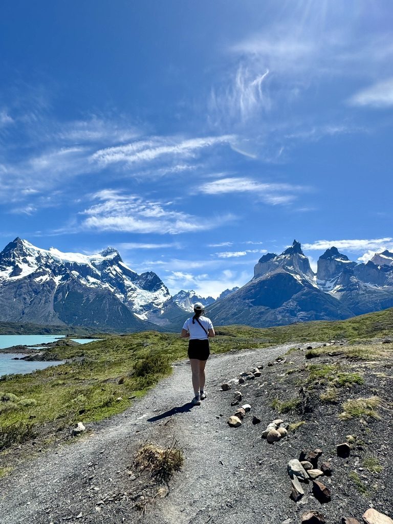 Brooke walking toward the towers of Torres del Paine, Patagonia
